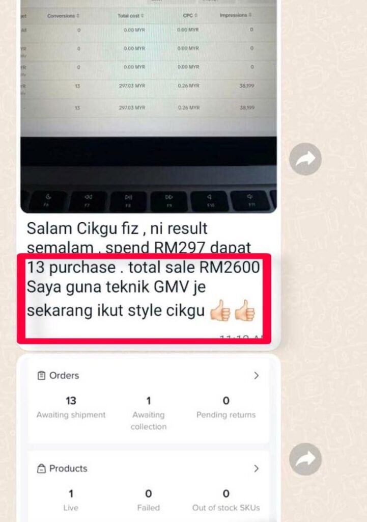 "...13 purchase ,total sale RM2600 guna teknik yang Cikgu ajar..."